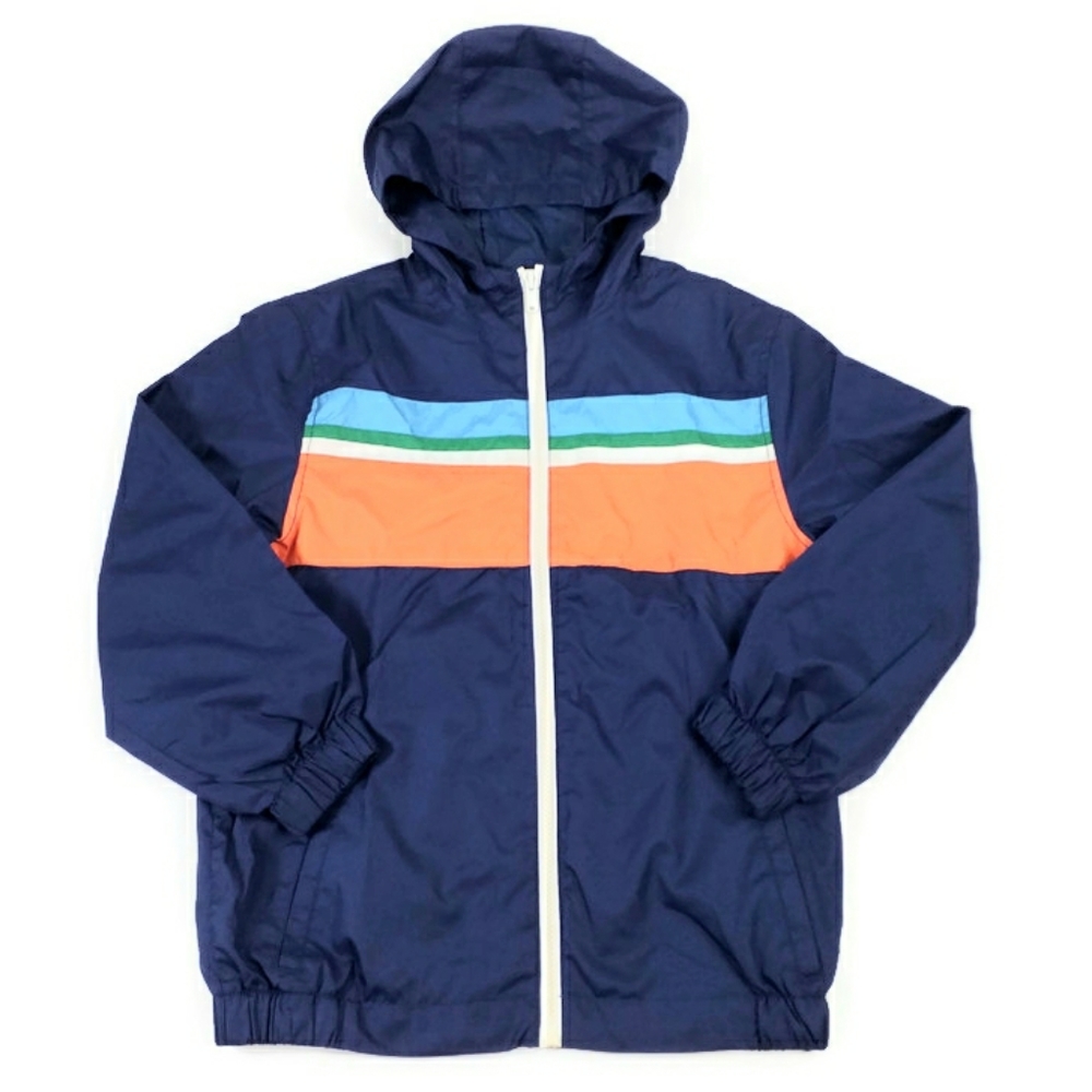 Old Navy Blue Striped Zip Up Long Sleeve Hooded Windbreaker Jacket Boys M, 8